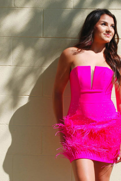 Strapless Feather Hem Mini Dress with Plunge