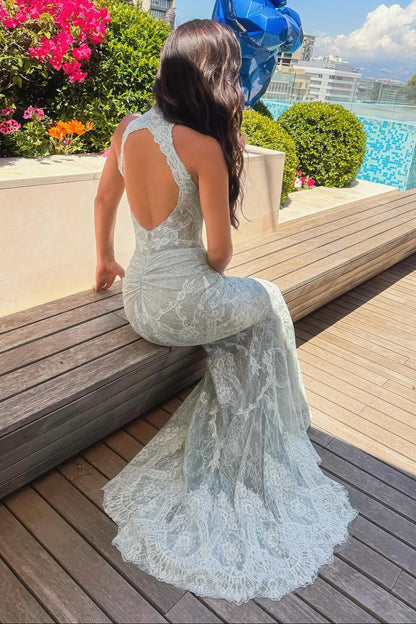 Lace Halter Mermaid Gown with Keyhole Back