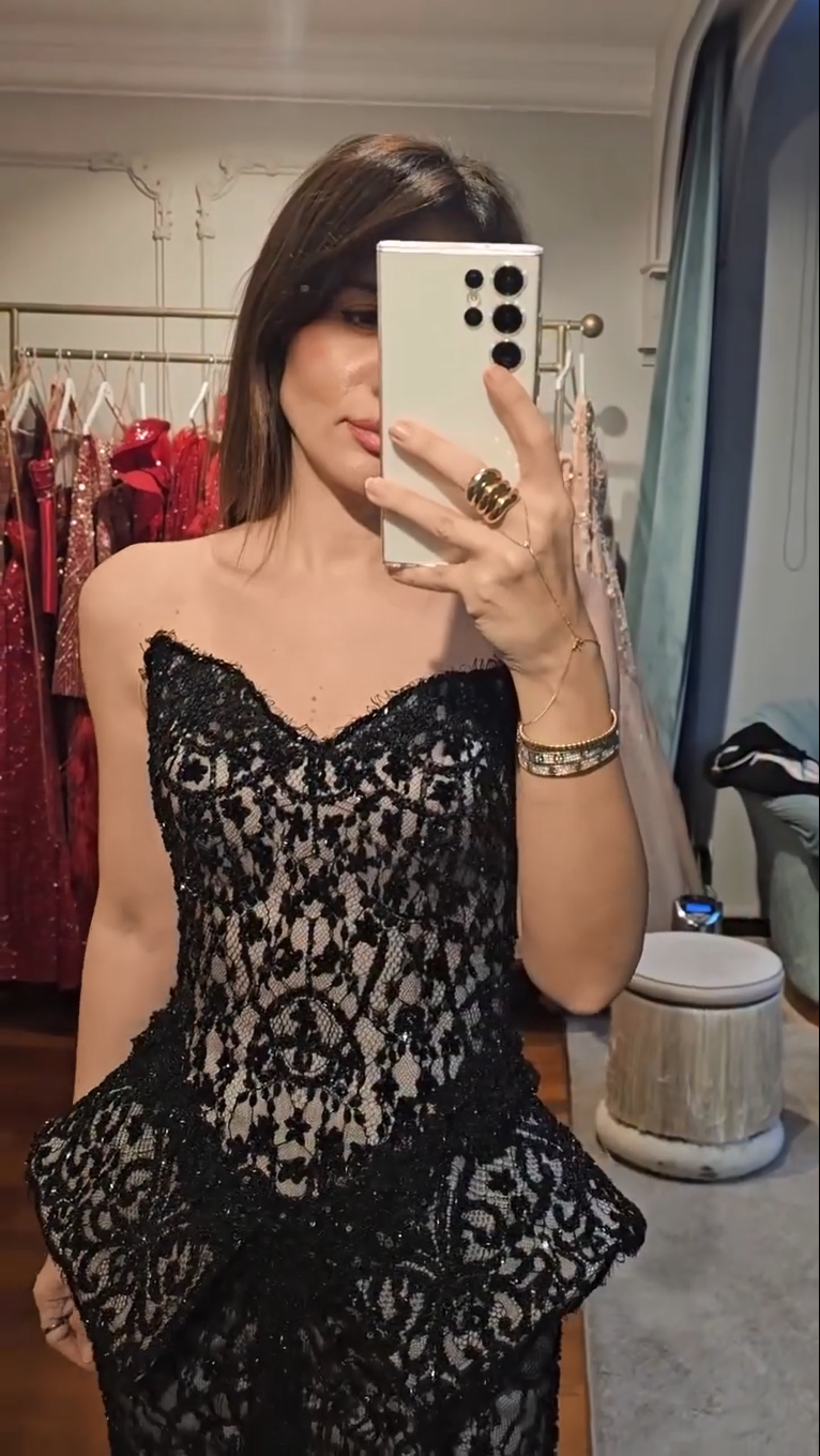 Strapless Lace Peplum Gown with Sequin Accents