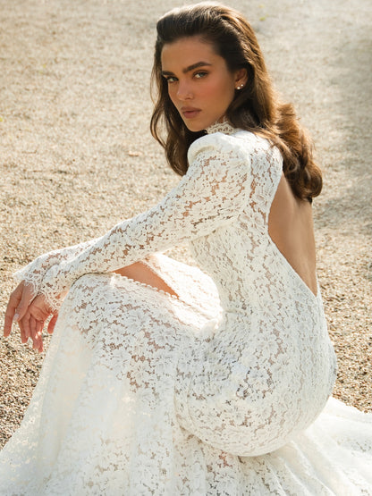High Neck Lace Open Back Mermaid Wedding Dress