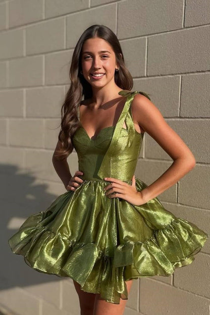 Metallic Tie-Strap Sweetheart Ruffle Mini Dress