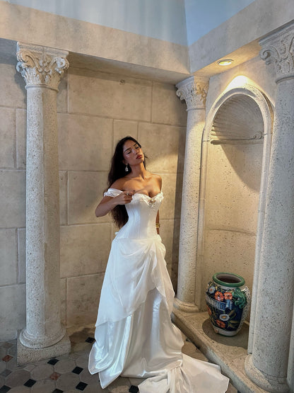 Off-the-Shoulder Corset Wedding Dress with Pick-Up Skirt
