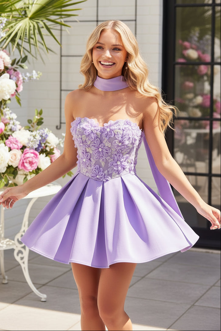 3D Floral Corset Satin Mini Dress with Neck Sash
