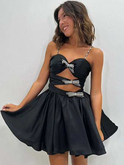 Cut-Out Satin Mini Dress with Embellished Bows