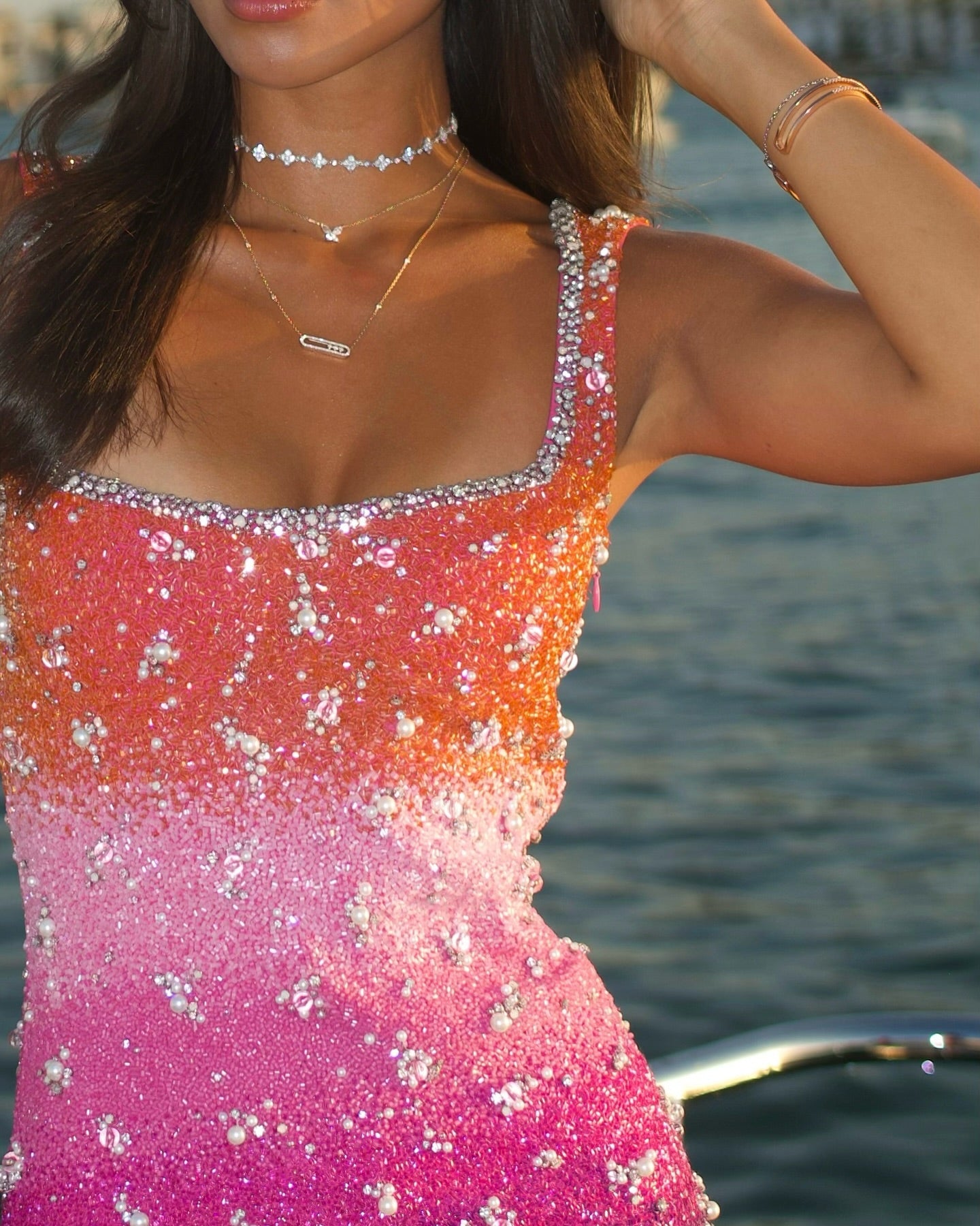 Beaded Ombre Pearl Mini Bodycon Dress