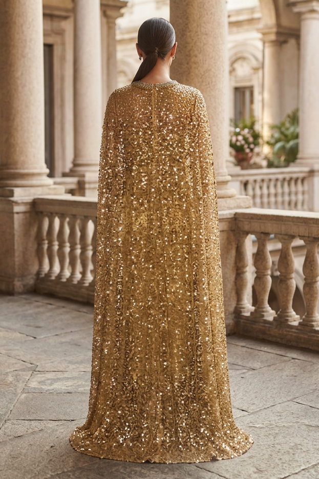 Satin Midi Dress with Sequin Cape Overlay
