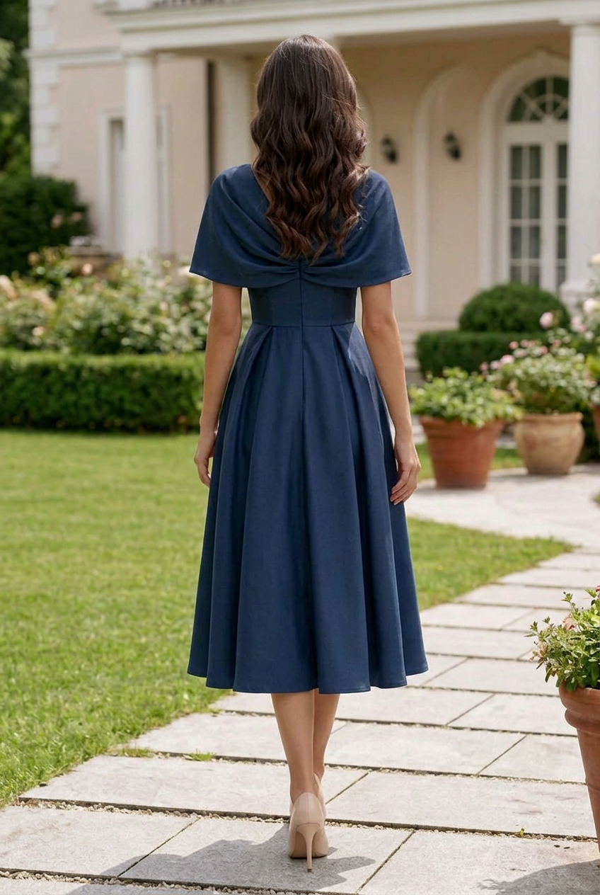 Twist-Front V-Neck Midi Dress with Pleated Skirt