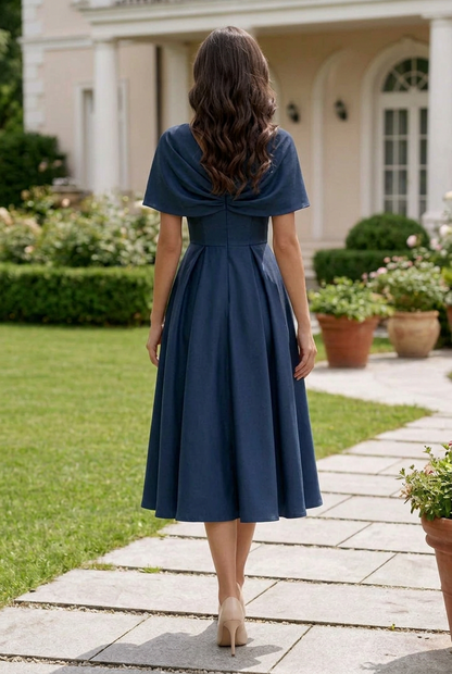 Twist-Front V-Neck Midi Dress with Pleated Skirt