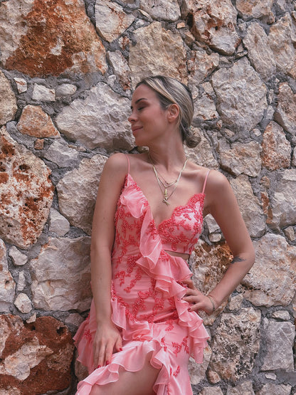 Embroidered Ruffle Maxi Dress with High Slit