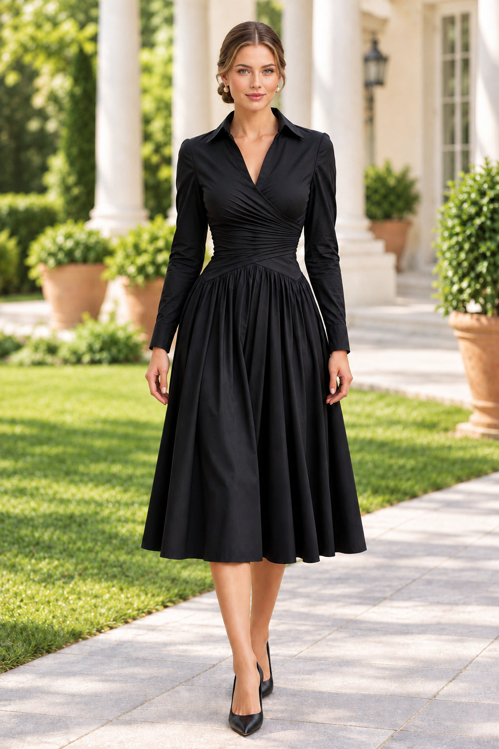 Ruched Wrap-Bodice Collared Midi Dress