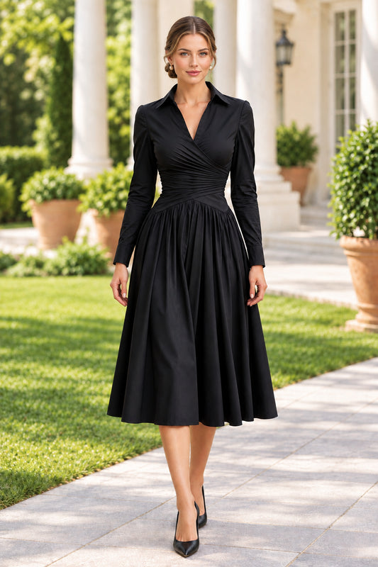 Ruched Wrap-Bodice Collared Midi Dress