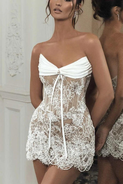 Strapless Corset Lace Mini Dress with Pearl Detail