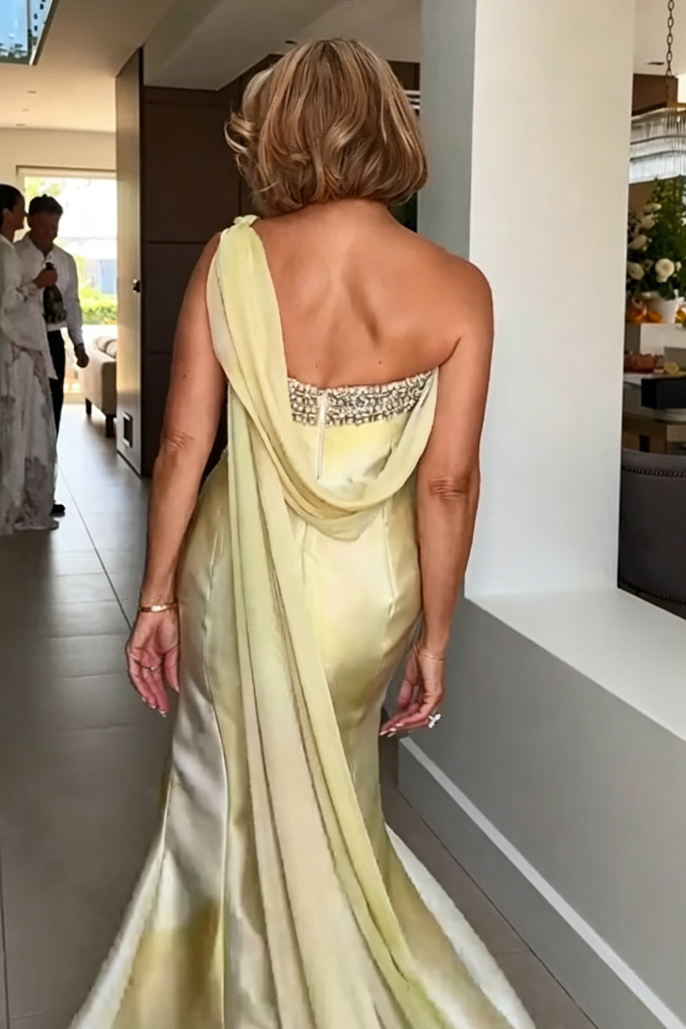 One-Shoulder Pleated Satin Evening Gown