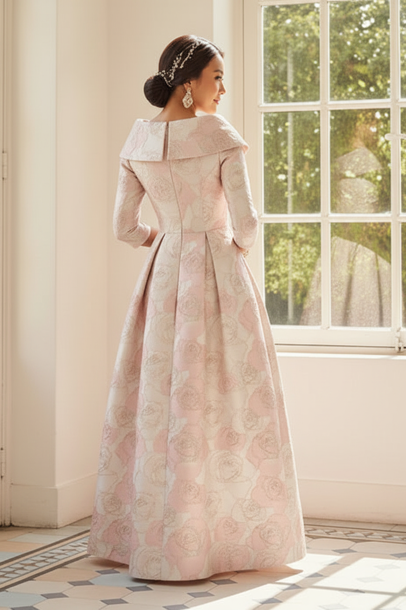 Elegant Jacquard A-Line Dress with Portrait Collar