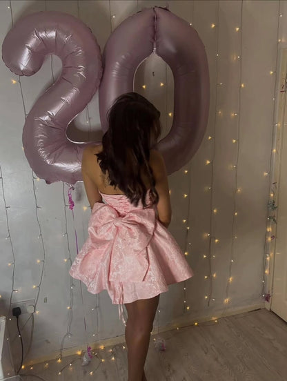 Strapless Jacquard Mini Dress with Back Bow