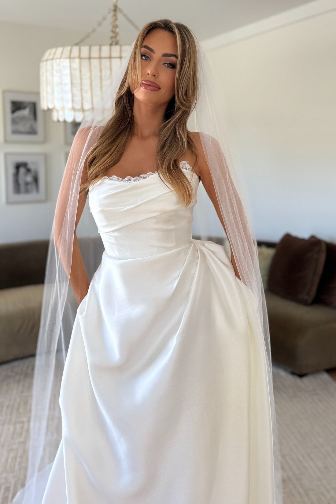 Strapless Satin A-Line Wedding Dress with Veil
