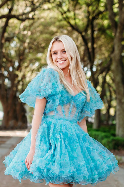 Tiered Tulle Corset Mini Dress with Puff Sleeves