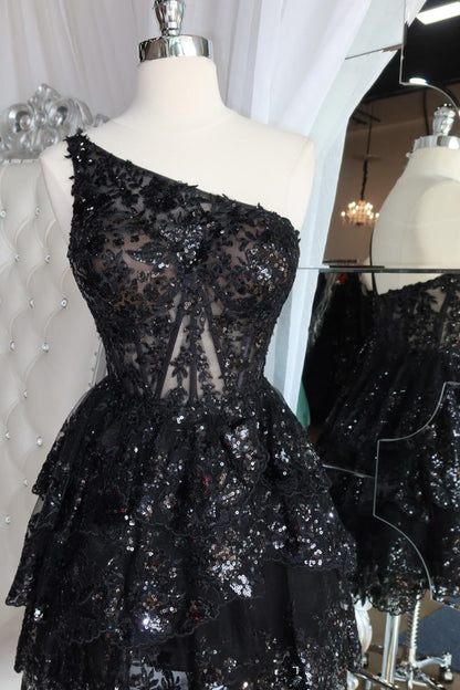 One-Shoulder Corset Tiered Lace Homecoming Dress