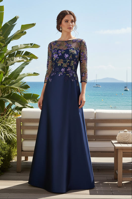 Floral Embroidered Illusion Sleeve A-Line Evening Gown