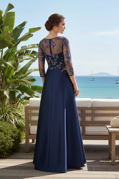 Floral Embroidered Illusion Sleeve A-Line Evening Gown