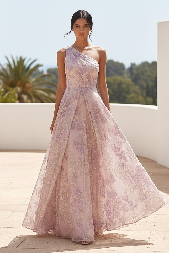 One-Shoulder Floral Jacquard A-Line Evening Gown