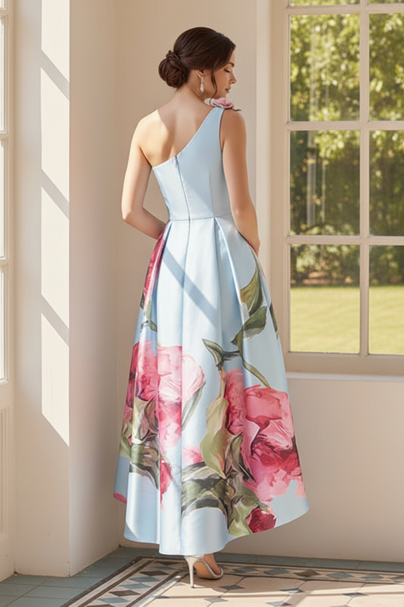 One-Shoulder Floral High-Low A-Line Dress