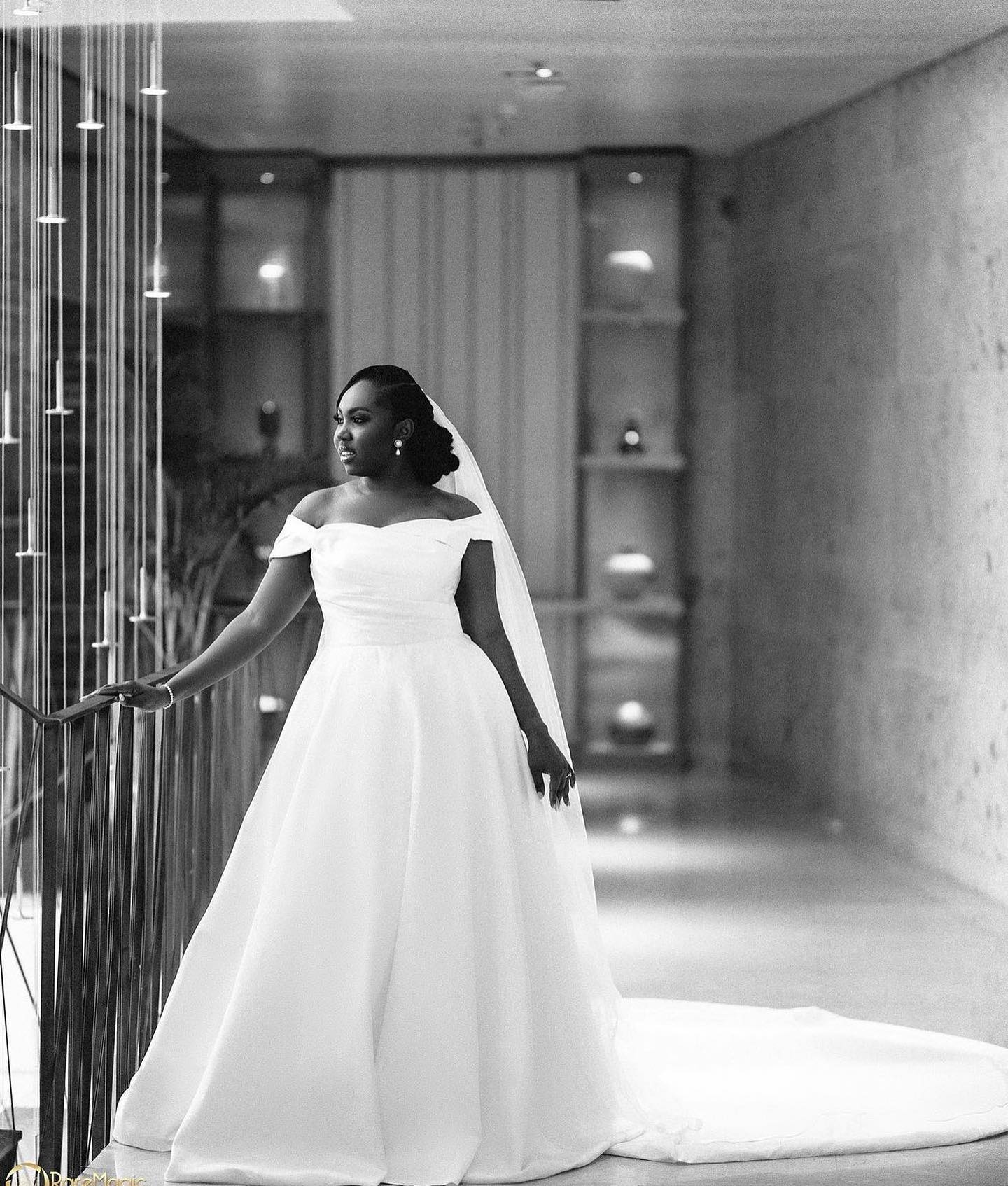 Off-the-Shoulder Pleated Satin Ball Gown Wedding Dress