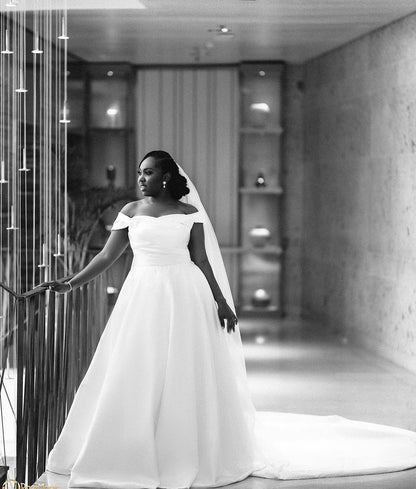 Off-the-Shoulder Pleated Satin Ball Gown Wedding Dress