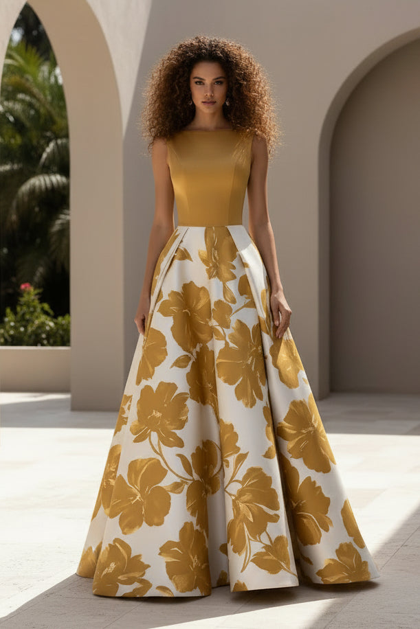 Sleeveless Floral Print A-Line Evening Gown