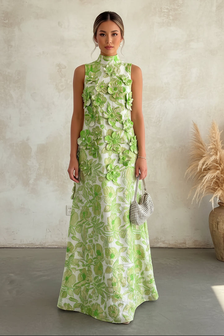 High Neck Jacquard Maxi Dress with 3D Flowers