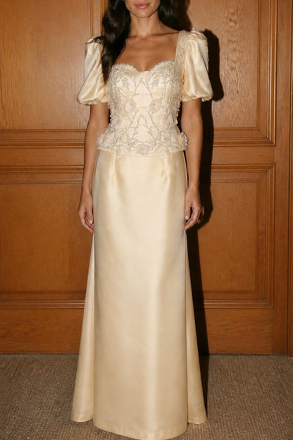 Embellished Corset Evening Gown with Puff Sleeves