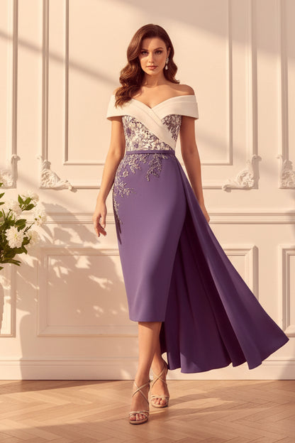 Off-the-Shoulder Embroidery Midi Dress with Overskirt