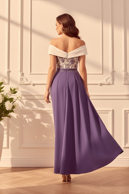 Off-the-Shoulder Embroidery Midi Dress with Overskirt