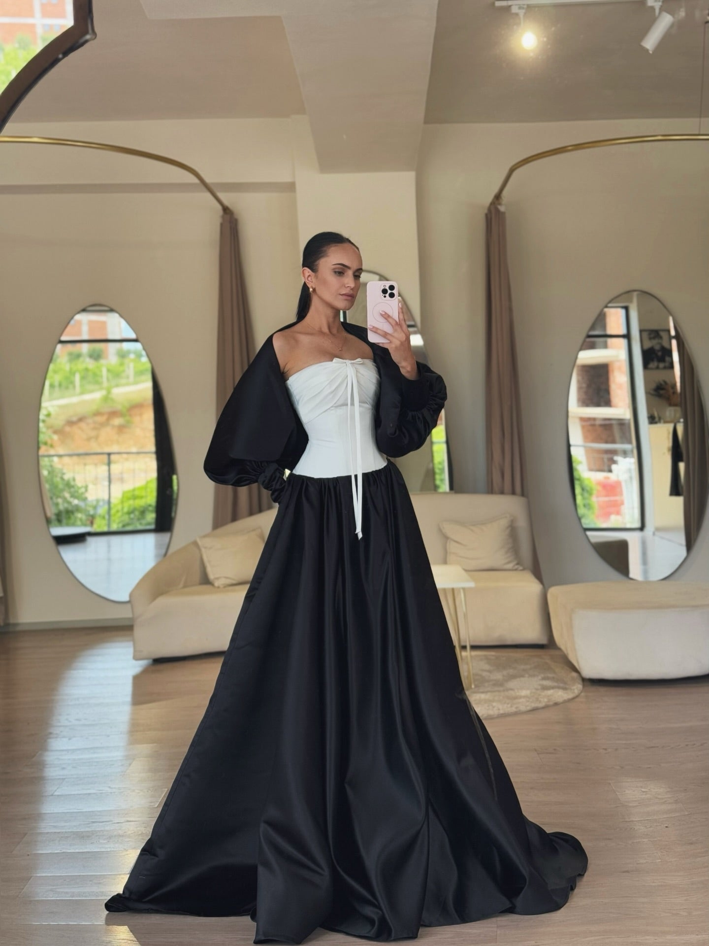 Strapless Corset Ball Gown with Puff Sleeve Jacket
