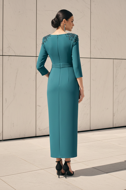 Beaded Shoulder Crepe Dress with 3/4 Sleeves