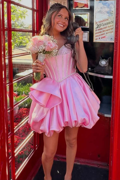 Strapless Sweetheart Pearl Corset Bubble Mini Dress