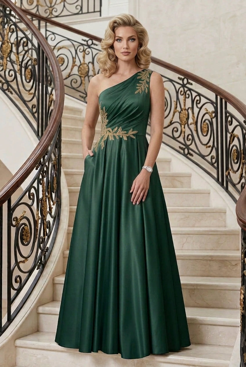 One-Shoulder Pleated A-Line Gown with Pockets