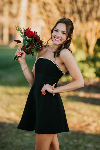 Strapless Pearl Trim Satin Mini Dress with Back Bow