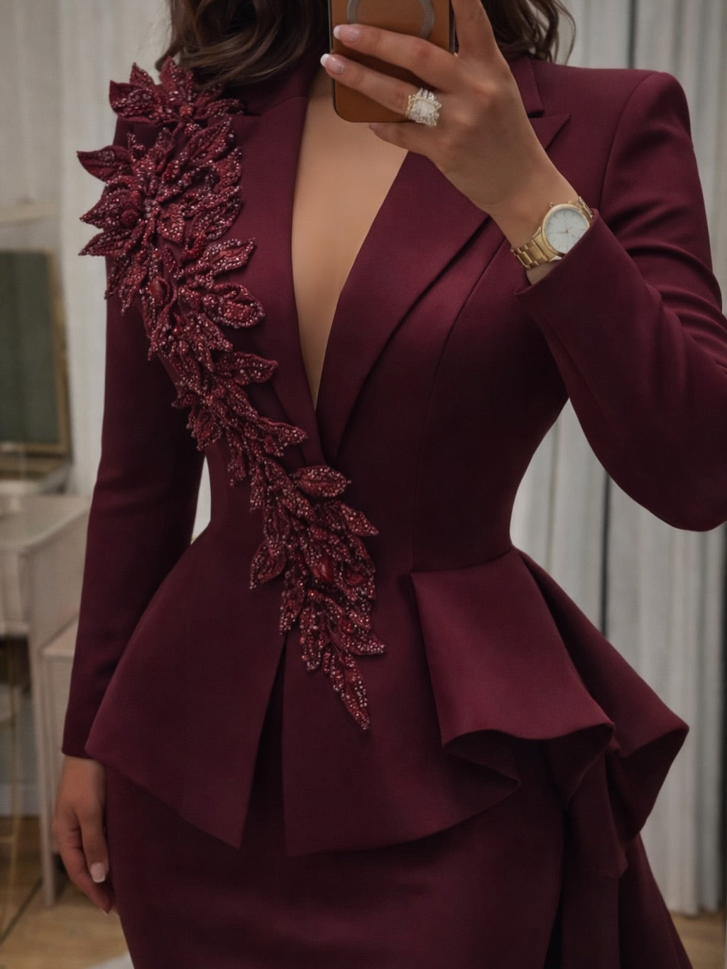 Beaded 3D Flower Peplum Blazer Evening Gown