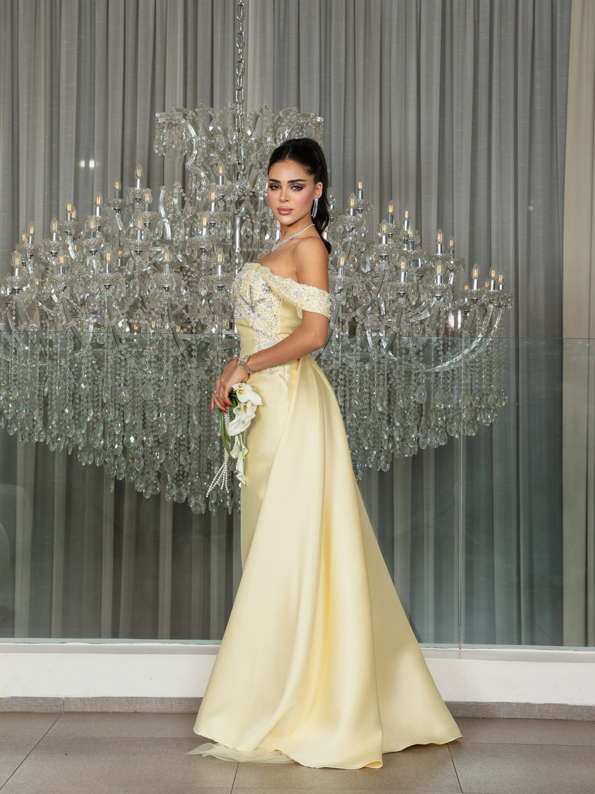 Embellished Off-the-Shoulder Gown with Overskirt