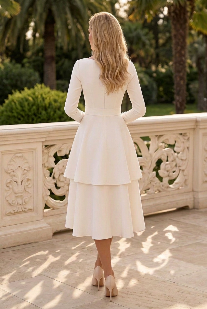 Tiered Midi Dress with Bow Waist and Long Sleeves