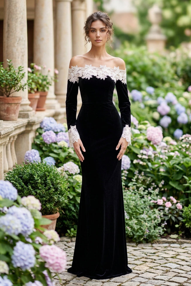 Off-Shoulder Velvet Gown with Floral Lace Trim