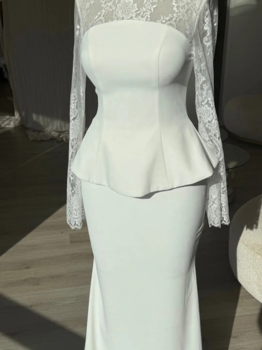 Illusion Lace Long Sleeve Peplum Mermaid Gown
