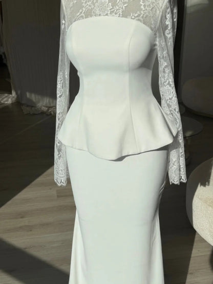 Illusion Lace Long Sleeve Peplum Mermaid Gown