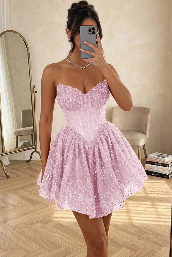 Strapless Sweetheart Sequin Corset Homecoming Dress