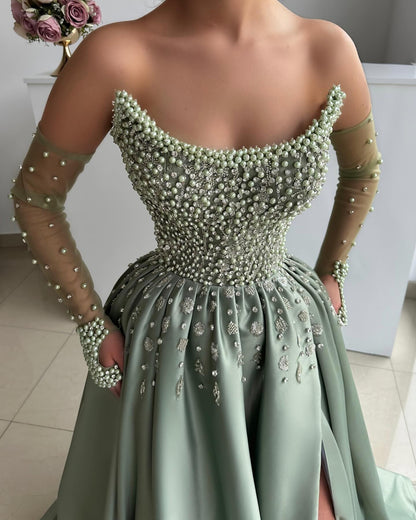 Pearl Beaded Corset Satin Evening Gown with Slit