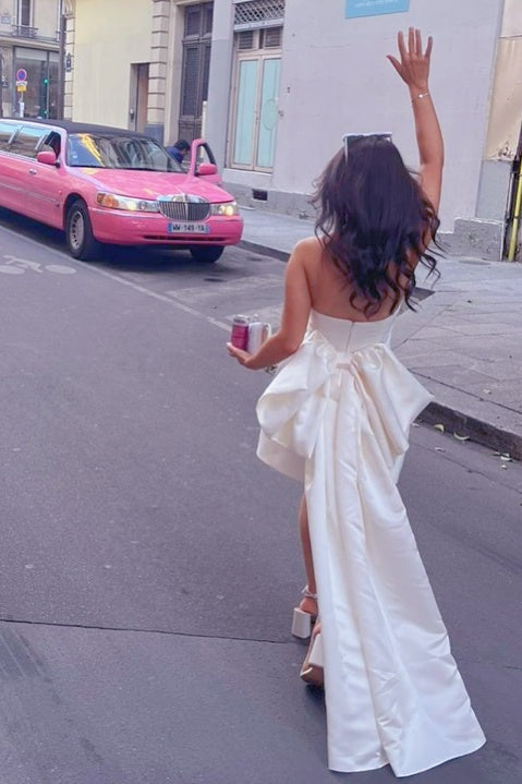 Strapless Satin Bodycon Mini Dress with Back Bow Train