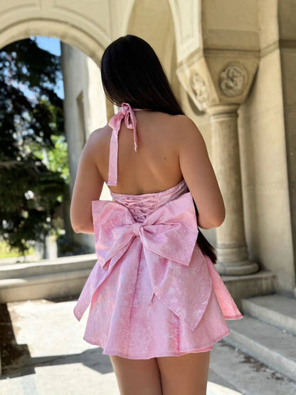 Floral Jacquard Halter Mini Dress with Back Bow