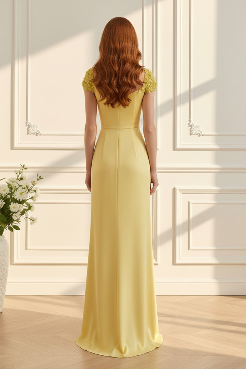 Ruched Cap Sleeve Column Gown with Slit