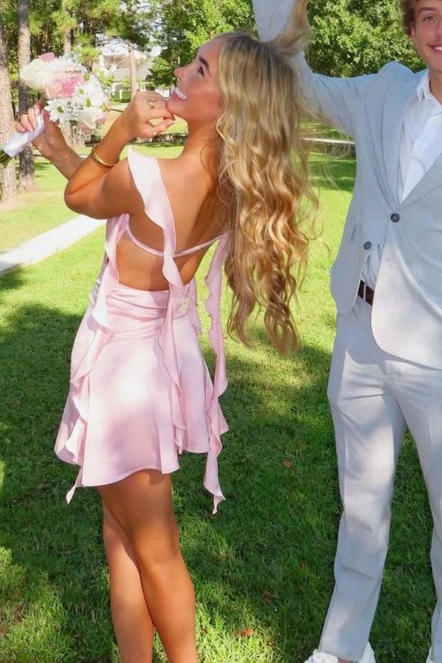 Ruffled Backless Satin A-Line Mini Dress